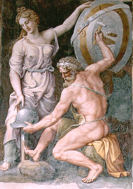 Вулкано выковывает оружие Ахилла - фреску Джулио Романо, Герцогский дворец Мантуи XV века.